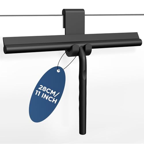 ecooe Silicone Shower Squeegee with Hanger, 11″/28cm Shower Squeegee for Glass Doors, Black Window Squeegee Scraper with Stainless Steel Core for Home Bathroom Kitchen Car Glass Doors - size: 02-Black 11″/28cm