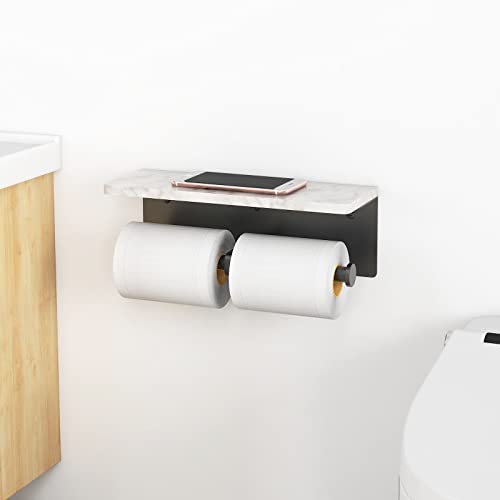 Gypie Toilet Paper Holder with Shelf, New Upgrade Double Toilet Paper Holder with Storage, Marble Roll Toilet Paper Wall Mount for Bathroom Washroom(Black) - color: Black Double