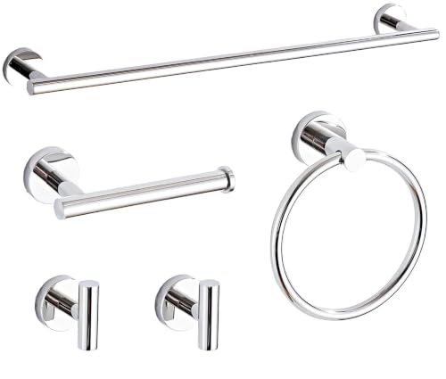 Polished Chrome Bathroom Hardware Accessories Set 5 Piece, Stainless Steel Bath Towel Bar Set 24 Inch,Toilet Paper Holder,Towel Ring Holder,Towel Rack Set,Gold Bathroom Accessories Kit Silver - color: Polished Chrome