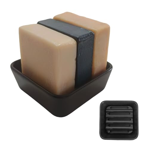 Ceramic Soap Dish with Drainer, Square Soap Holder for Bathroom, Shower, Kitchen Sink - Soapbox Saver Tray Dr. Squatch Bar Container Keeps Dry, Easy to Clean, Compact & Stylish (1, Black)