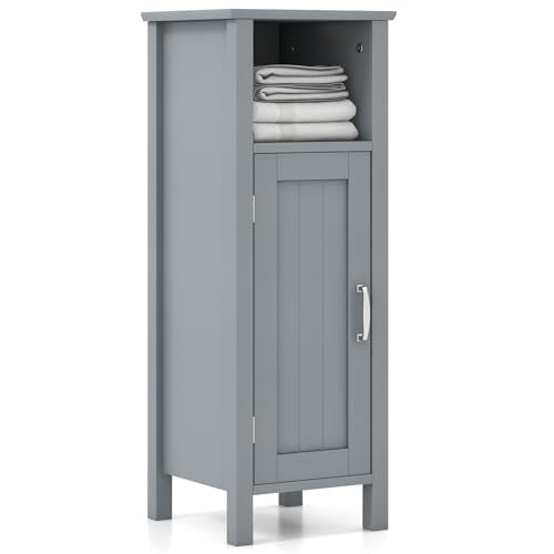 Tangkula Bathroom Floor Cabinet, Freestanding Narrow Storage Cabinet with Anti-Tipping Device, 3-Height Adjustable Shelf, for Bathroom Home Office, 12 x 12 x 31.5 Inches (Grey) - color: Grey