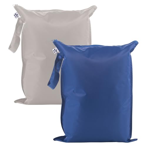 Tiny Twinkle Mess Proof Wet Bags | 2-Pack Reusable Waterproof Wet Bags for Swimsuits | Baby Clothes | Travel & Diaper Bag (Grey, Indigo) - color: Grey, Indigo, size: 2 Pack