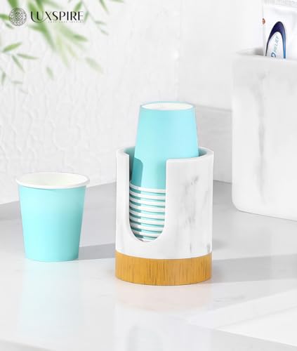 Luxspire Bathroom Cup Dispenser, 3oz Dixie Cup Dispenser, Marble Resin Dixie Cup Holder, Disposable Paper Cup Holder for Bathroom, Cotton Pad Holder, Guest Bathroom Essentials, Marble White - color: Gravel White, size: 3oz