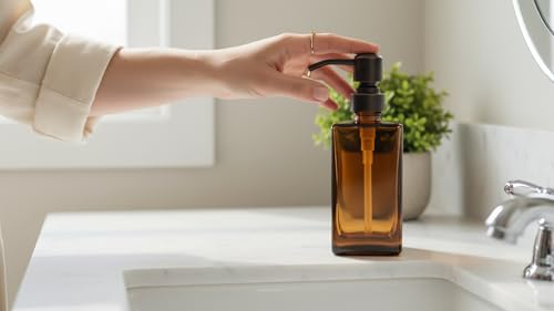 13.5 Oz Coffee Glass Soap Dispenser with Rust Proof Stainless Steel Pump, Antique Design Refillable Square Lotion Dispenser for Bathroom, Premium Kitchen Hand Soap (Oil Rubbed Bronze) - color: Coffee+oil Rubbed Bronze