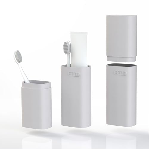 HyJeryty Ventilated Compact Grey Toothbrush Travel Case, Portable Toothbrush & Toothpaste Holder Cover Organizer Container with Mouthwash Cup for School, Camping, Business Trip, Bathroom Storage - color: Simple Grey