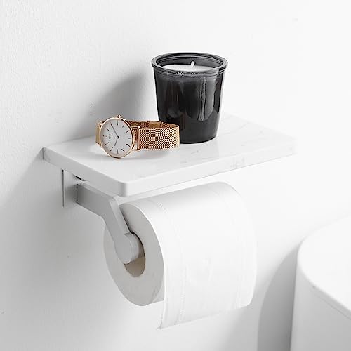 Hoimpro Brushed Silver Aluminum Toilet Paper Holder with White Natural Marble Shelf, Wall Mounted Tissue Hand Paper Roll Storage Holder for Bathroom Kitchen Washroom Bedroom - color: Silver