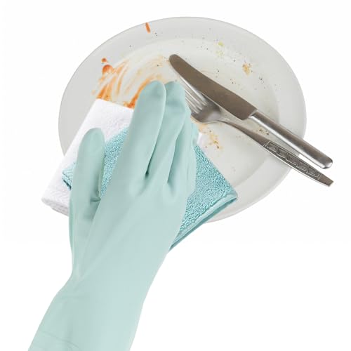 YARNOW Reusable Waterproof Flocked Thickened Rubber Gloves for Dishwashing and Household Cleaning, Large Size, Pink and Green, 4pcs Set, Insulated for Kitchen and Laundry Use