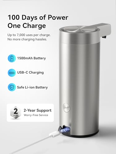 SUNLY Touchless Automatic Soap Dispenser – Clog-Free Pump, 0.2s Fast Sensor, USB-C Rechargeable, Smudge-Resistant Stainless Steel, for Kitchen & Bathroom Soap Dispenser - color: Silver
