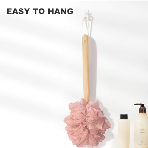 Pink Loofah with Handle - Cute Back Scrubber & Exfoliating Shower Sponge, Soft Mesh Luffa on Wooden Stick, Bath Brush for Women and Girls - color: Pink