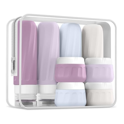 Mrsdry Travel Size Toiletries 8 Pack, TSA Approved 3oz/1oz Silicone Refillable Containers with Clear Travel Bag - color: Lavender, size: 3oz bottle 1oz jar