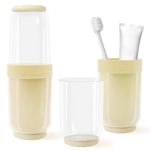 Toothbrush Cup with Cover, Travel Toothbrush Case Portable Toothbrush Holder for Traveling Business Camping School Bathroom (Beige) - color: Beige