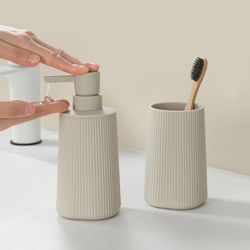YAUKPH Bathroom Accessories Set 2 Piece Soap Dispenser and Toothbrush Holder for Bathroom Countertop Striped Beige - color: Striped Beige