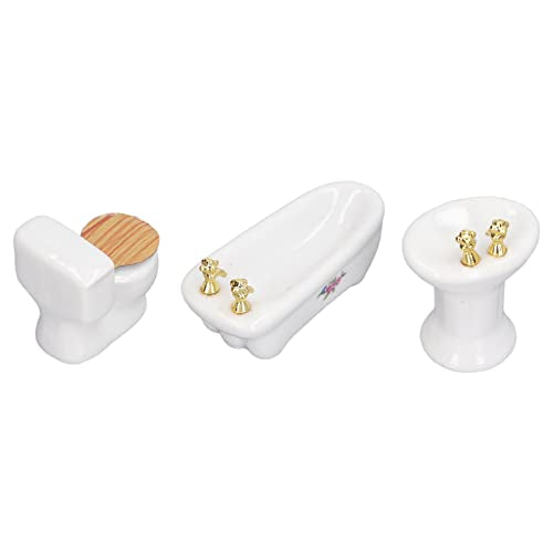 1:24 Dollhouse Miniature Bathroom Set, Ceramic Simulation Bathtub Toilet Sink, Miniature Furniture, Mini Ceramic Bathroom Furniture Set for Dollhouse Restroom Decoration (Flower Pattern)
