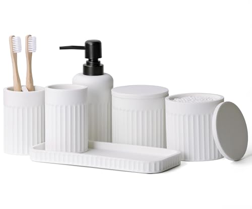 INIUNIK Bathroom Accessory Set - 6 Pieces Bathroom Accessories Set Complete with Soap Dispenser, Toothbrush Holders, Tumbler, Vanity Tray and 2 Qtip Holder for Home Organizer and Decor, White - color: White Sandy Stone