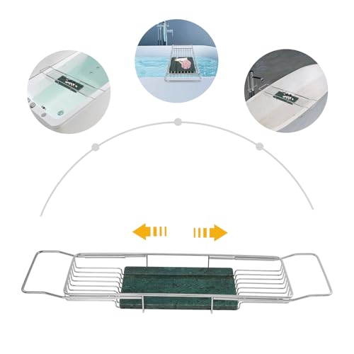 Expandable Bathtub Tray, Stainless Steel Bath Table Tray with Marble Board, Modern Luxury Bathtub Shelf for Bathrooms, Kitchen Sink (Silver + Green) - color: Silver + Green