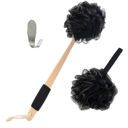 Bamboo Charcoal Infused Back Scrubber - Loofah with Handle | Exfoliating Shower Loofah for Men & Women - Features 1 Loofah on a Stick, 1 Loofa Pouf; Includes Hook (Black) - style: Black