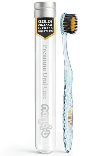 Nano-b Manual Toothbrush for Adults with Sensitive Gums, Gold & Charcoal Soft/Medium Bristles, Travel Case, Blue - color: Blue, style: Gold/Charcoal Bristles