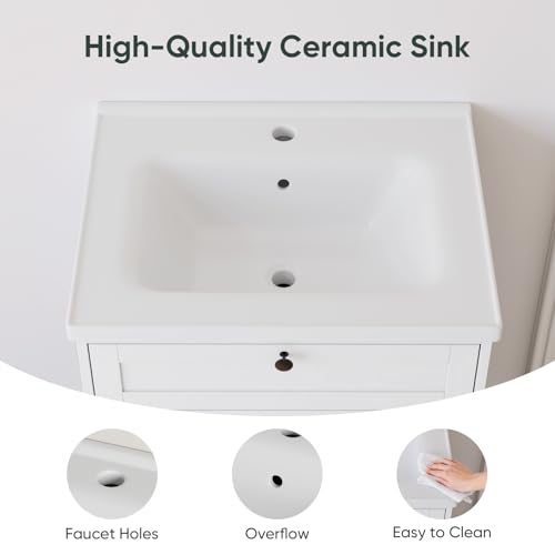 Smart FENDEE 23.62 inch Bathroom Vanity with Ceramic Sink, Farmhouse Bathroom Cabinet with Barn Door & Drawer, Freestanding Floor Storage Cabinet with Sink Combo Set, Soft White - color: White