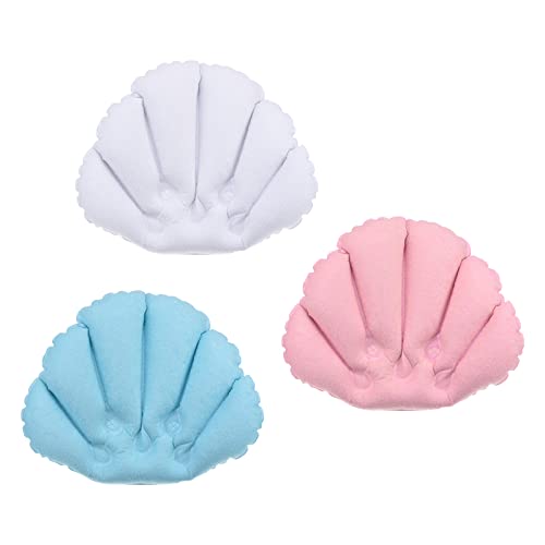 PATIKIL Inflatable Bath Pillow with Suction Cups, 3 Pack Terry Cloth Covered Shell Shape Bath Pillow Neck Support for Bathtub Hot Tub (Pink, Blue, White) - color: Pink, Blue, White
