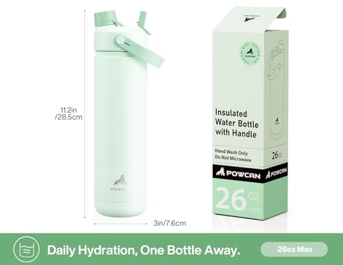 POWCAN 26 oz Insulated Water Bottle: 2-in-1 Straw and Spout Lid, Leak-proof | Keep Cold 24H, Cupholder Friendly, BPA-Free, Stainless Steel Water Bottle for Gift, Trip, Picnic, Camping (Avocado Grove) - color: Avocado Grove, size: 26 Ounces