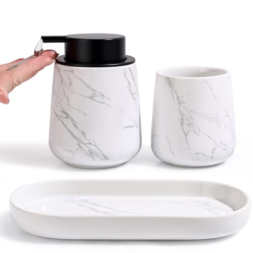 BosilunLife Ceramic Bathroom Accessories Set 3 Pcs, Liquid Soap Dispenser and Toothbrush Holder with Tray, Modern Farmhouse Vanity Decor, Narble Pattern Housewarming Gift (Marble-Liquid) - color: Marble, style: liquid