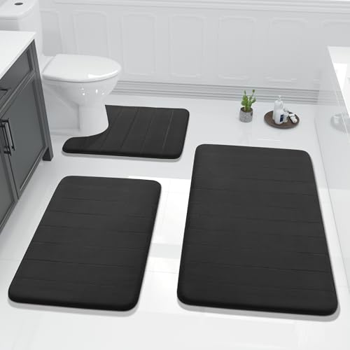Yimobra 3 Pieces Memory Foam Bath Mat Set with U-Shaped Toilet Rug - Non Slip Super Soft Absorbent Quick Dry Bathroom Rugs for Bathtub, Vanity & Toilet Base, Black - color: Black, size: 44''x24'' + 31.5''x20'' + 24''x20''