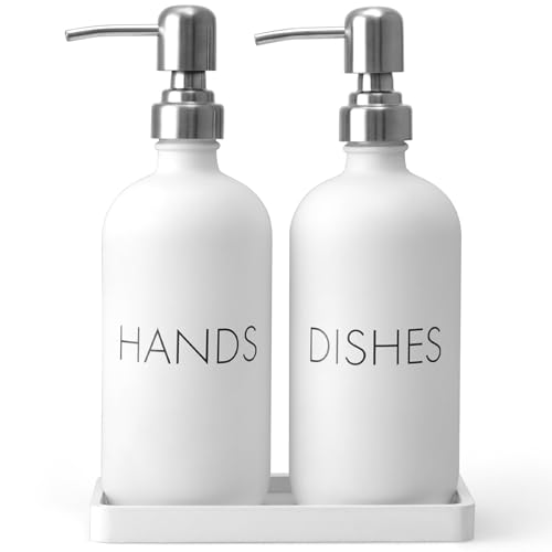 White Dish and Hand Soap Dispenser Set - Glass Kitchen Soap Dispenser with Tray and Stainless Steel Pump - for White Kitchen Decor and Accessories - color: White