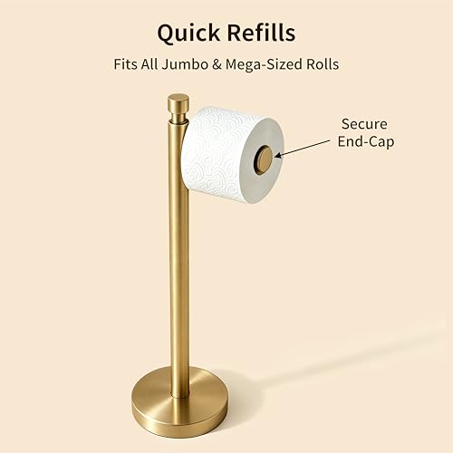 YUMORE Toilet Paper Holder Stand, 4.4lbs Heavy Duty Stainless Steel Free Standing Bathroom Tissue Roll Holder, Brushed Gold - color: Gold