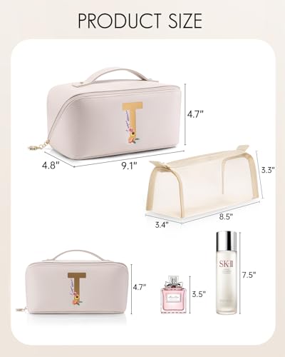 VLANDO Valentines Day Gifts,Initial A-Z Makeup Travel Bag, Personalized Gifts for Friendship Bridesmaid Gift Ideas Valentine's Day Anniversary（Letter T - color: 14.White-T