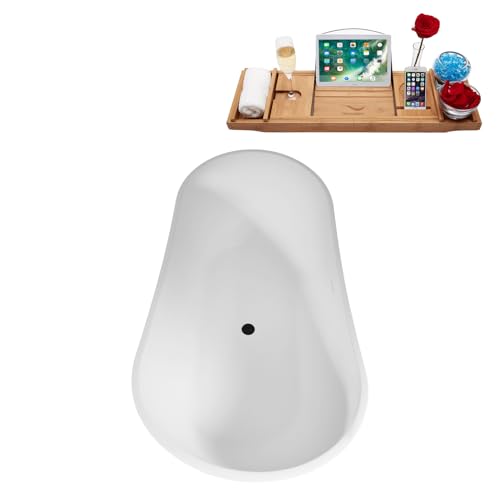 Streamline 75" Freestanding Soaking Bathtub – Glossy White Acrylic Tub with Matte Black Internal Drain and Bamboo Tray – Modern Luxury Design – 85-Gallon Capacity