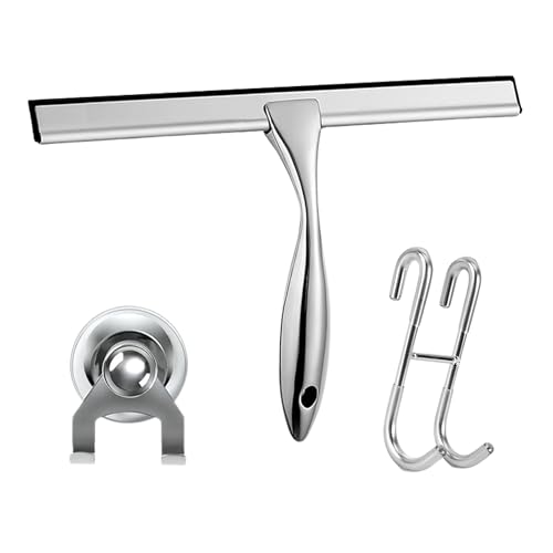 12'' Light Weight Stainless Steel Shower Squeegee for Glass Doors with 4 Pieces Set (1 Window Squeegee, 1 Door Hook and 2 Adhesive Hooks) Perfect Cleaning Tool for Car, Window, Bathroom Mirror