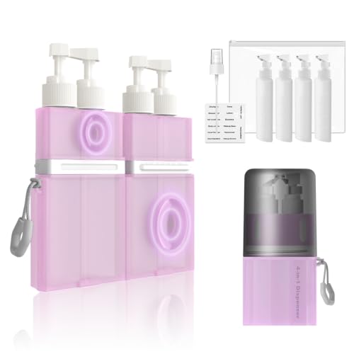 4 in 1 Travel Toiletry Containers,TSA Approved Refillable Travel Size Toiletries Bottles Set with Suction Cup for Smooth Walls - for Shampoo,Conditioner,Body Wash,Lotion.(Pink) - color: Pink