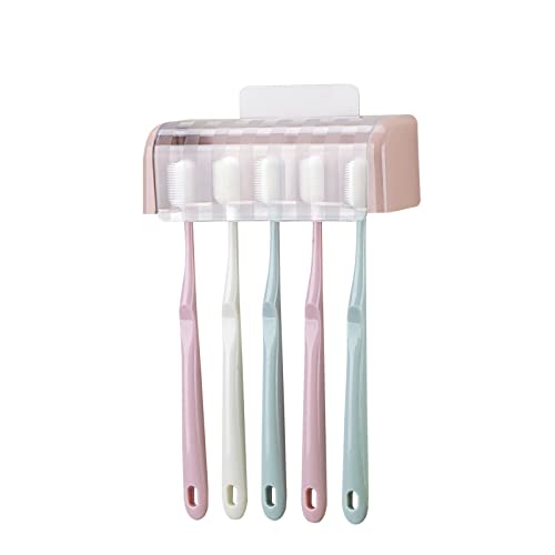 5 Slots Wall Mount Toothbrush Holder with Cover, Self Adhesive Toothbrush Storage Organizer for Shower, Toothbrush Hanger for Bathroom, Medicine Cabinet, Dorm (Pink) - color: Pink 1 Pack