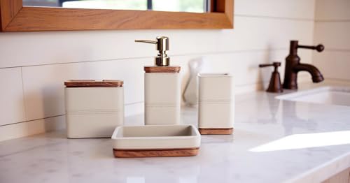 Hymmah Leather Pattern Design Bathroom Accessories Set,Farmhouse Bathroom Decor,4 Pcs Resin Gift Set Apartment Necessities, Contain Cotton Swab Jar,Soap Dispenser,Tumbler，Soap Dish/Tray - color: Light Beige Gray