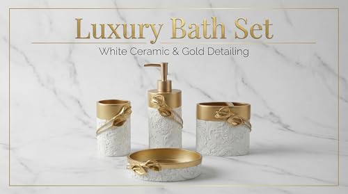 Hymmah Bathroom Accessories Set,Golden Design Toothbrush Holder,Farmhouse Bathroom Decor,4 Pcs Resin Gift Set Apartment Necessities, Contain Toothbrush Cup,Soap Dispenser,Soap Dish,Tumbler - color: Calla Gold