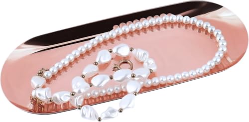 Dnyta 2Pcs Stainless Steel Decorative Tray, Decor Jewelry Dish Rose Gold Bathroom Decor Makeup Serving Trays for Dresser, 9 x 3.7in Cosmetics Home Decor for Keys Watch Wallet Trinket (Oval, Rose Gold) - style: Oval rose gold style (2pcs)