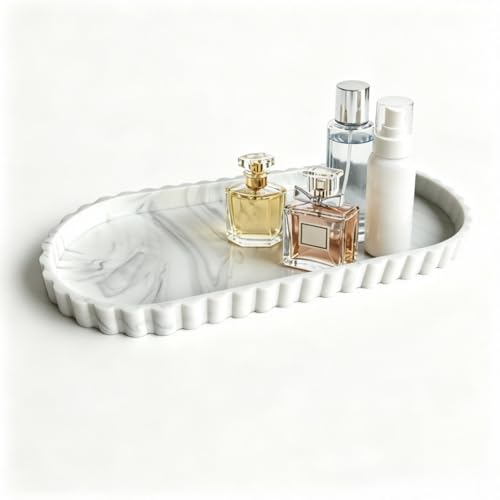 Silicone Bathroom Tray,Sink Caddy,Vanity Organizer,12"x 5",White Marble | Oval,Bathroom counter tray,Toilet tray,Kitchen Counter Decor,Sponge Holders,Sink Organizers,Key tray,Bathroom tank tray - color: White Marble