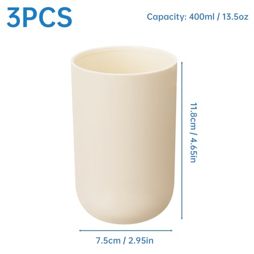 NiHome Toothbrush Holders for Bathrooms 3 Pcs, Plastic Reusable Bathroom Tumbler Toothbrush Cups, 13.5oz Unbreakable Mouthwash Cups Easy to Clean (Cream) - color: Cream