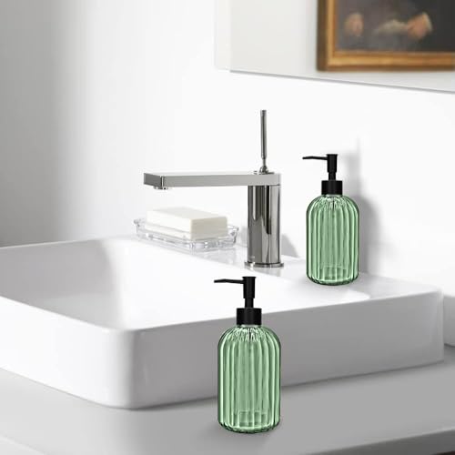 2 Pack 14oz Glass Soap Dispenser with Black Pump – Refillable for Hand Soap, Dish Soap, Lotion, Suited for Kitchen, Bathroom & Laundry Room(Olive Green) - color: Olive Green