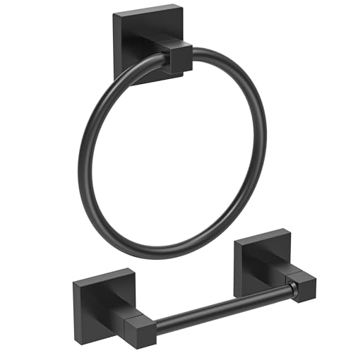 Ruacq Matte Black Toilet Paper Holder Towel Ring Bathroom Accessories Hardware Set Double Post Pivoting Toilet Roll Holder Square Stainless Steel and Zinc Alloy Modern Wall Mounted 2 Pieces - color: Matte Black, size: 2pcs