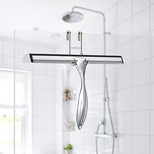 14-Inches Stainless Steel Shower Squeegee Set, Include Shower Door Hook, Adhesive Hook and Spare Silicone Blade, Window Squeegee for Shower Glass Door, Bathroom, Mirror, Window and Car Glass - color: Silver, size: 14-inch