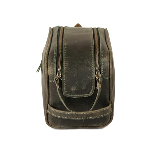 KomalC Leather Toiletry Bag for Men & Women – Handcrafted Travel Grooming Kit with Water-Resistant Lining and Secure Zipper Closure - style: 1 Zip Classic Dark Green