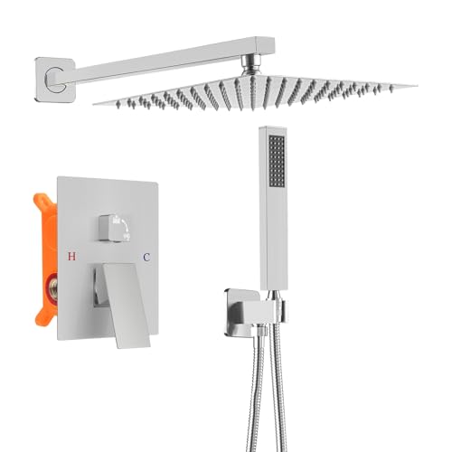 Bathroom Shower Faucet Set，10 Inch Rain Shower Head with Handheld Spray，Brass Shower Valve Trim Kit，Wall Mounted Square Rain Shower System (Brushed Nickel) - color: Brushed Nickel, size: 10 Inch Shower Head