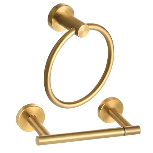 Brushed Gold Toilet Paper Holder Set, Stainless Steel Towel Ring, Double Post Pivoting Toilet Paper Holder and Hand Towel Holder Set for Bathroom - color: Brushed Gold