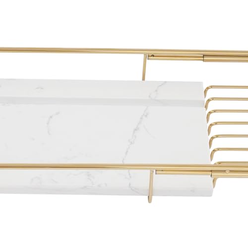 Stainless Steel Bathtub Tray with Removable Marble Board,Extendable Rectangular Bathtub Tray,Adjustable Bath Caddy Board for for Bath Bombs, Spa, Shower (Golden+White) - color: Golden+white
