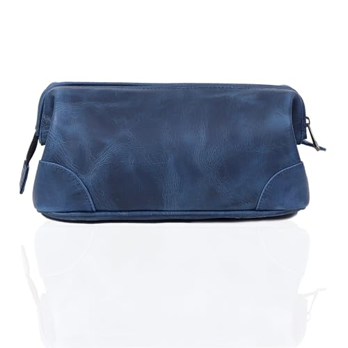 HLC Leather Toiletry Bag for Men - Best Gift for Men - Premium Genuine Leather Dopp Kit Shaving Kit Organizer Travel Kit Pouch Bag for Men - Large Size (blue) - color: blue