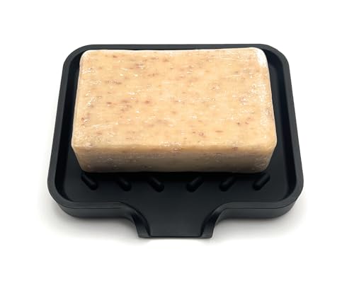 Silicone Soap Dish Tray and Sponge Holder with Drain Chute and Feet | 3-Way Sloped Design | Bathroom and Kitchen Sink Organizer Caddy (Black, 5"x4", 3.5 Ounces) - color: Black, size: 5"x4"
