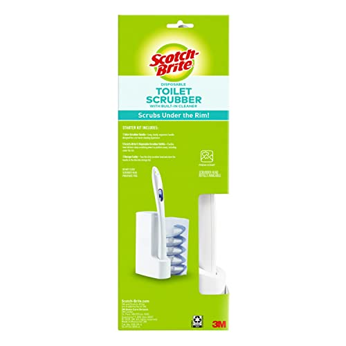 Scotch-Brite Disposable Toilet Scrubber Starter Kit, Disposable Refills with Built-in Bleach Alternative, Includes 1 Handle, Storage Caddy and 5 Refills