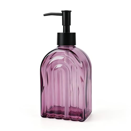 Elegant Purple Glass Soap Dispenser with Black Pump | 400ML Modern Bathroom & Kitchen Soap Dispenser for Hand Soaps, Lotions, Essential Oils - color: Purple