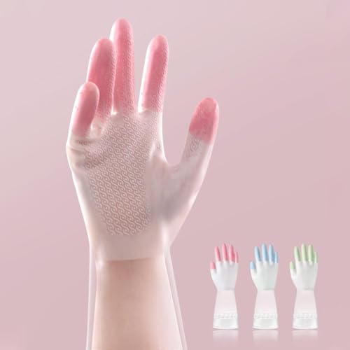 TEHAUX Waterproof Anti-slip Cleaning Gloves 3 Pairs Set for Kitchen and Toilet Household Use, Non-slip Home Gloves in Pink, Green, Blue, Size M